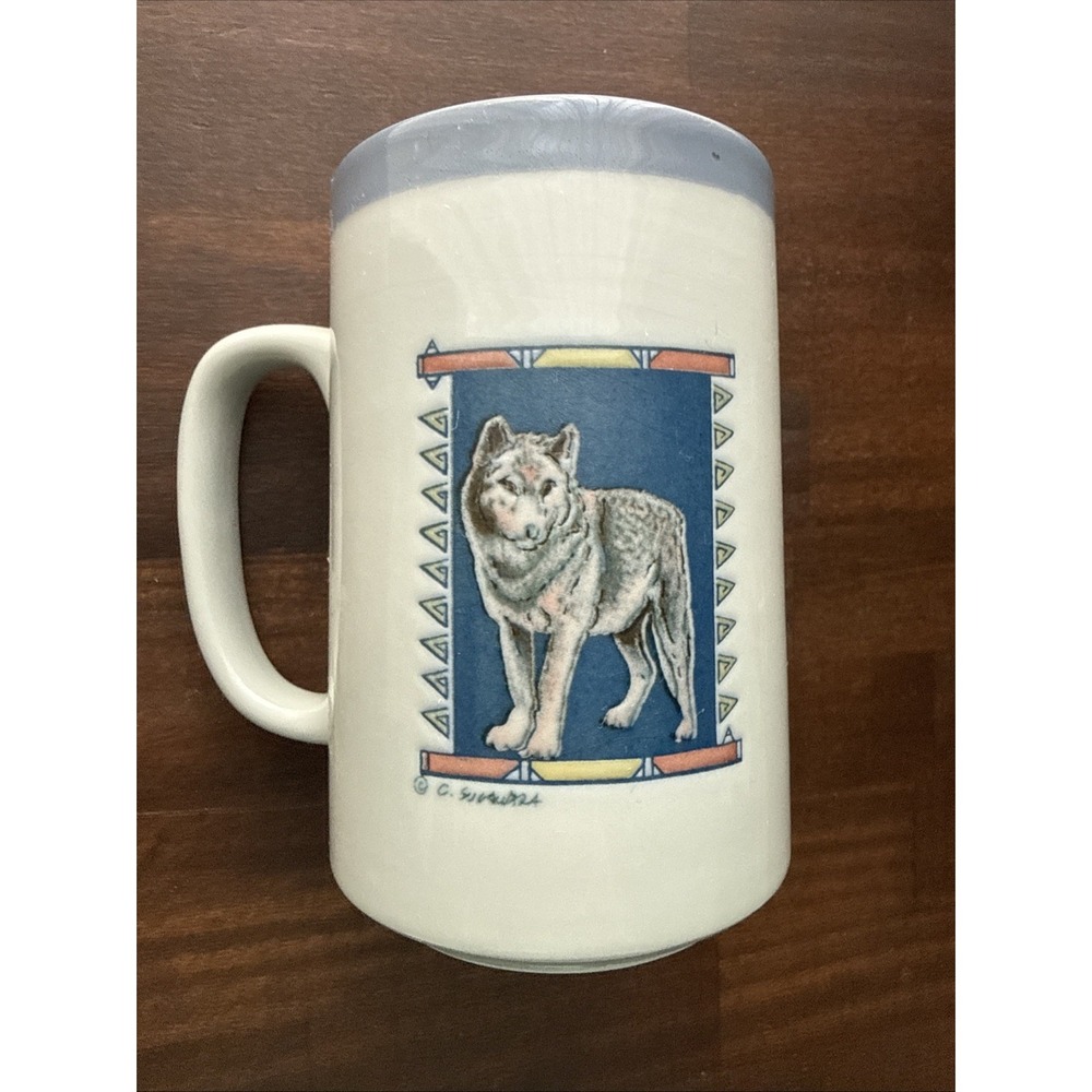 Vintage wolf coffee mug Cup Otagirl Japan Two Sided Blue Inside